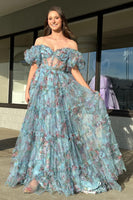 Load image into Gallery viewer, Green Floral Off the Shoulder Long Prom Dress_2