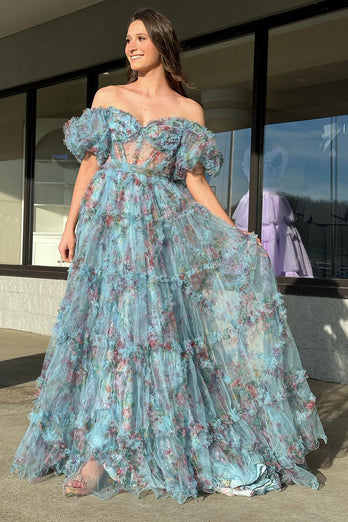 Green Floral Off the Shoulder Long Prom Dress_1