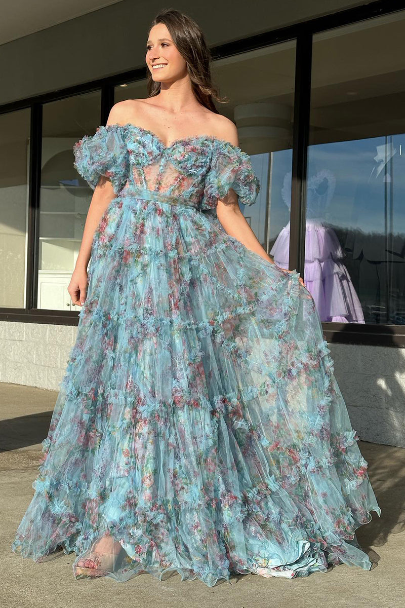 Load image into Gallery viewer, Red Floral Off the Shoulder Long Prom Dress