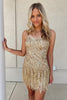 Load image into Gallery viewer, Sparkly Golden Spaghetti Straps Sequins Fringed Tight Short Party Dress