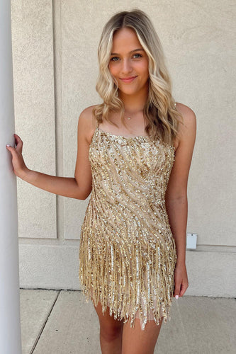 Sparkly Golden Spaghetti Straps Sequins Fringed Tight Short Party Dress