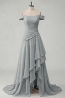 Load image into Gallery viewer, A Line Ruched Off the Shoulder Butter Yellow Ruffled Prom Dress with Slit