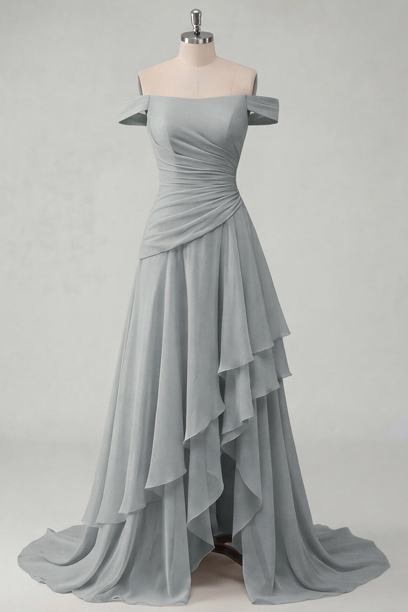 Load image into Gallery viewer, A Line Ruched Off the Shoulder Butter Yellow Ruffled Prom Dress with Slit
