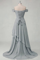 Load image into Gallery viewer, A Line Ruched Off the Shoulder Butter Yellow Ruffled Prom Dress with Slit
