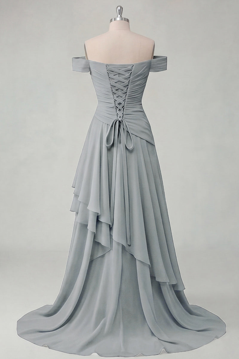 Load image into Gallery viewer, A Line Ruched Off the Shoulder Butter Yellow Ruffled Prom Dress with Slit