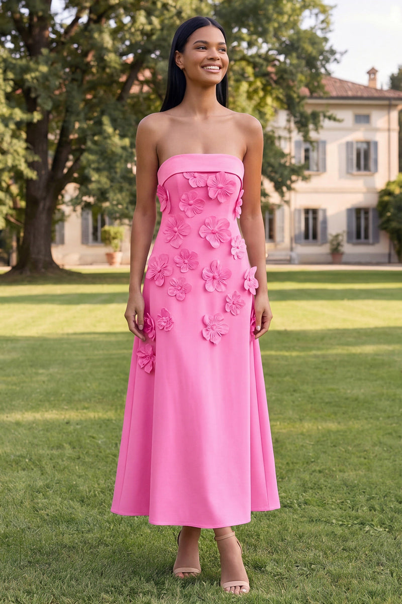 Load image into Gallery viewer, Blue A Line Floral Strapless Maxi Formal Dress