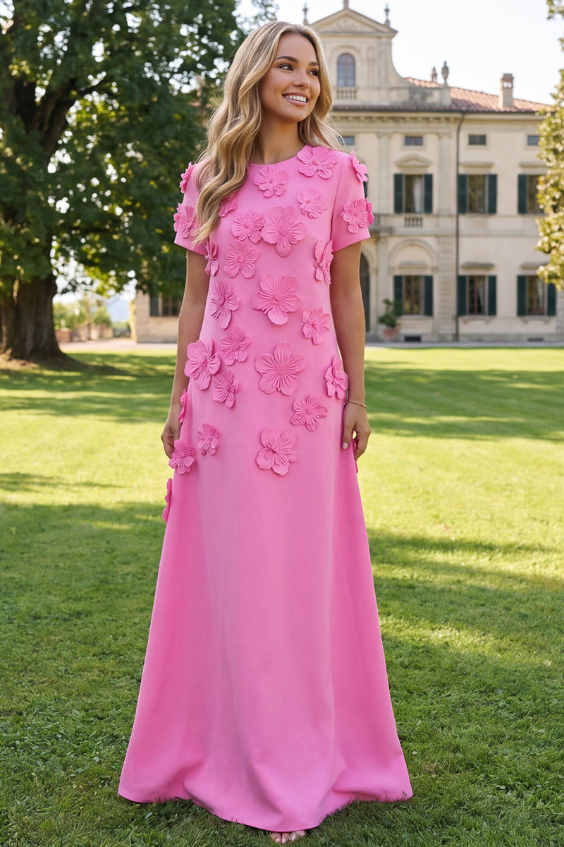Load image into Gallery viewer, Round Neck Blue Floral A Line Long Formal Dress with Sleeves