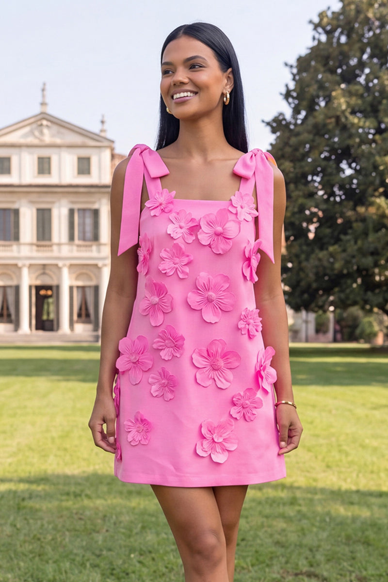 Load image into Gallery viewer, Floral Pink Short Thick Straps A Line Birthday Party Dress with Bows