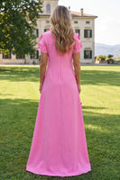 Load image into Gallery viewer, Round Neck Blue Floral A Line Long Formal Dress with Sleeves