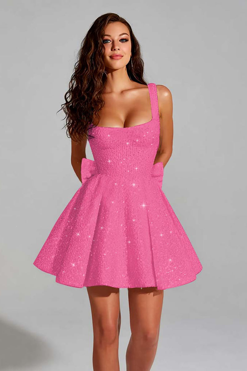 Load image into Gallery viewer, Sparkly White Square Neck Short A Line Prom Dress with Bow