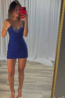 Load image into Gallery viewer, Sparkly Royal Blue V Neck Bodycon Short Corset Prom Dress with Beading