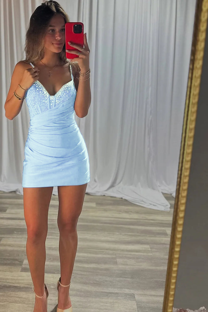 Load image into Gallery viewer, Sparkly Royal Blue V Neck Corset Bodycon Short Prom Dress with Beading