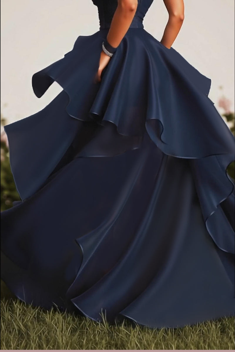 Load image into Gallery viewer, Navy Strapless Ruched Tiered Long Formal Dress with Slit