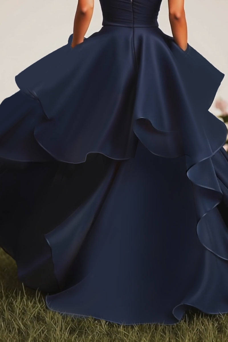 Load image into Gallery viewer, Navy Strapless Ruched Tiered Long Formal Dress with Slit