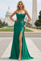 Load image into Gallery viewer, Dark Green Strapless Satin Mermaid Long Corset Prom Dress with Slit