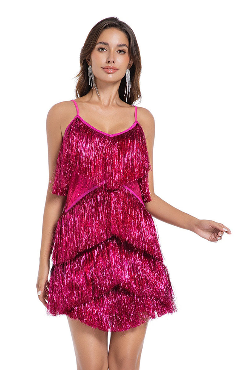 Load image into Gallery viewer, Sparkly Golden Tight Tiered Short Prom Dress with Fringes