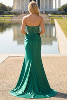 Load image into Gallery viewer, Dark Green Strapless Satin Mermaid Long Corset Prom Dress with Slit
