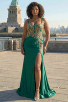 Load image into Gallery viewer, Plus Size Sparkly Dark Green Floral Satin Mermaid Long Corset Prom Dress with Slit