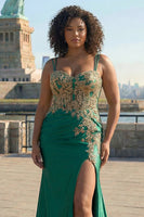 Load image into Gallery viewer, Plus Size Sparkly Dark Green Floral Satin Mermaid Long Corset Prom Dress with Slit
