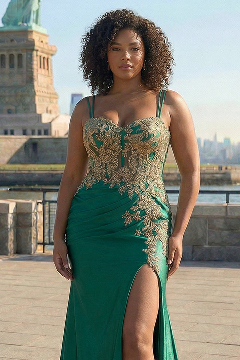 Load image into Gallery viewer, Plus Size Sparkly Dark Green Floral Satin Mermaid Long Corset Prom Dress with Slit