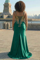 Load image into Gallery viewer, Plus Size Sparkly Dark Green Floral Satin Mermaid Long Corset Prom Dress with Slit