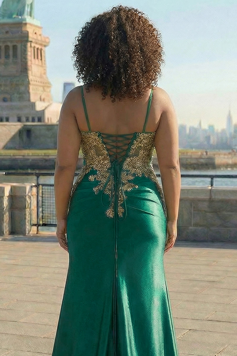 Load image into Gallery viewer, Plus Size Sparkly Dark Green Floral Satin Mermaid Long Corset Prom Dress with Slit