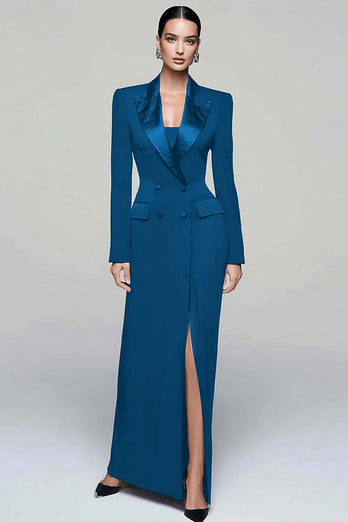 Black Peak Lapel Double Breasted Pencil Long Blazer Dress with Sleeves