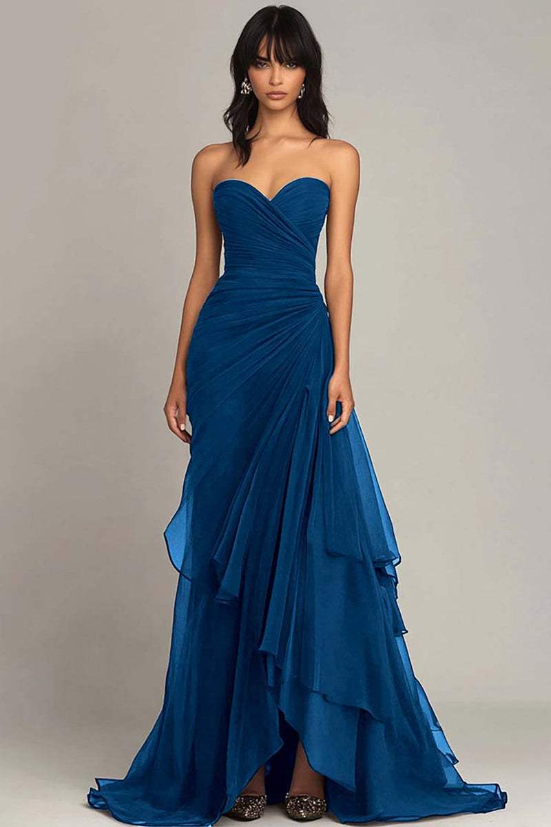 Load image into Gallery viewer, Women Wedding Guest Dress Ink Blue Chiffon Formal Dress Sheath Sweetheart Tiered Ruched Long Evening Dress 