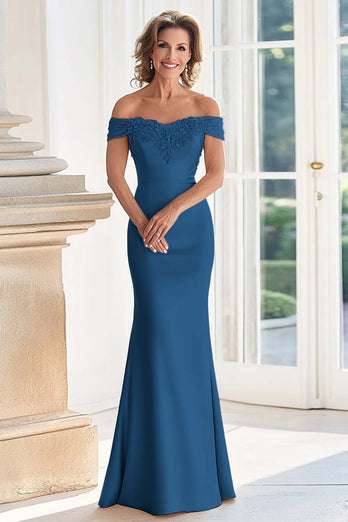 Elegant Mermaid Dusty Blue Off The Shoulder Mother of the Bride Dress with Lace