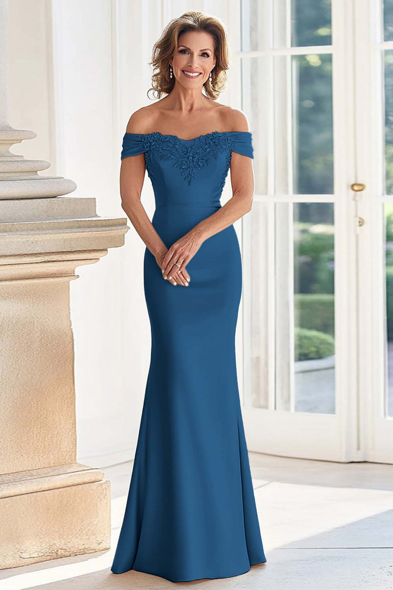 Load image into Gallery viewer, Elegant Mermaid Dusty Blue Off The Shoulder Mother of the Bride Dress with Lace