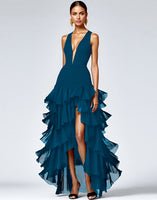 Load image into Gallery viewer, Black A Line Deep V-Neck Tiered Maxi Formal Dress with Slit