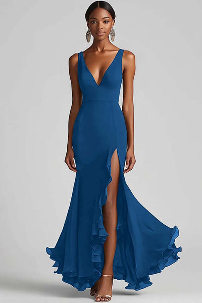 Ink Blue Chiffon Spaghetti Straps Ruffled Long Formal Dress with Slit