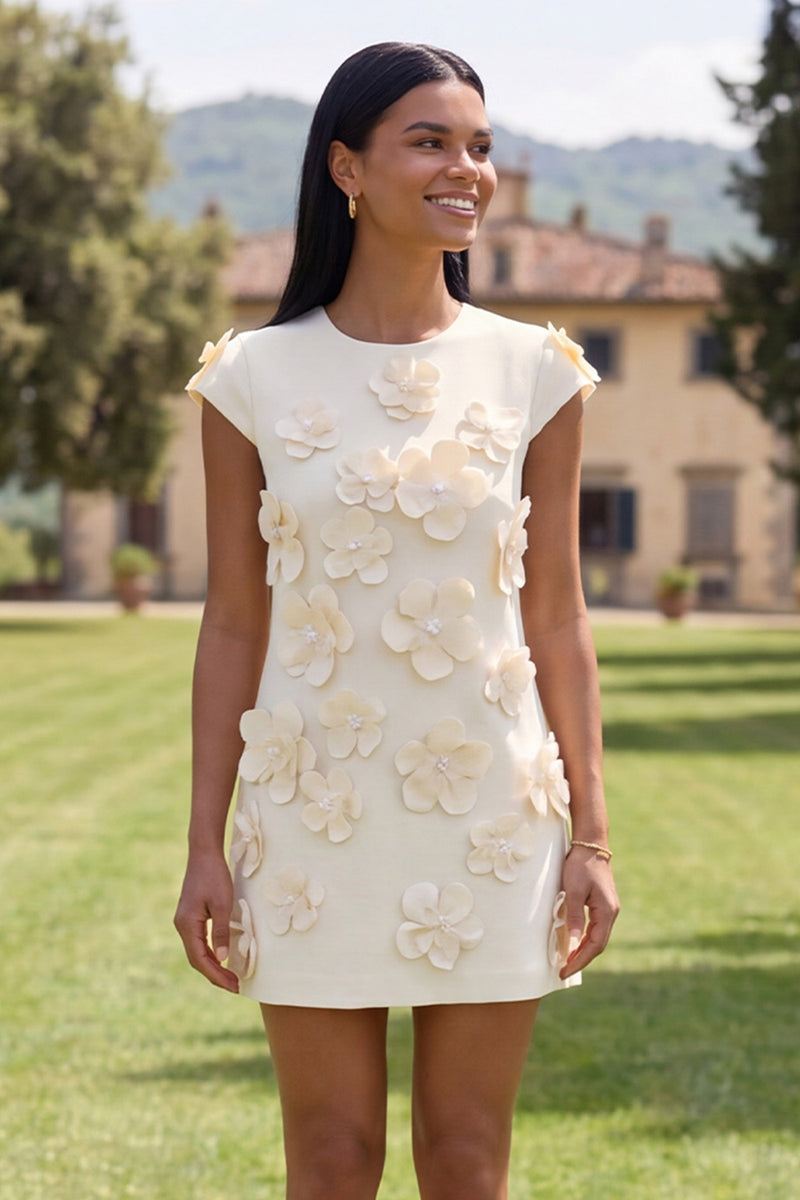 Load image into Gallery viewer, Floral Butter Yellow Short Round Neck Birthday Party Dress with Sleeves