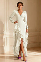 Load image into Gallery viewer, Purple V Neck Asymmetrical Ruffled Mother of the Bride Dress with Slit