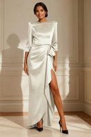 Load image into Gallery viewer, Satin Chocolate Round Neck Long Mother of the Bride Dress with Sash
