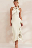 Load image into Gallery viewer, Navy Chiffon Ruffled Halter Ankle Length Work Dress with Slit