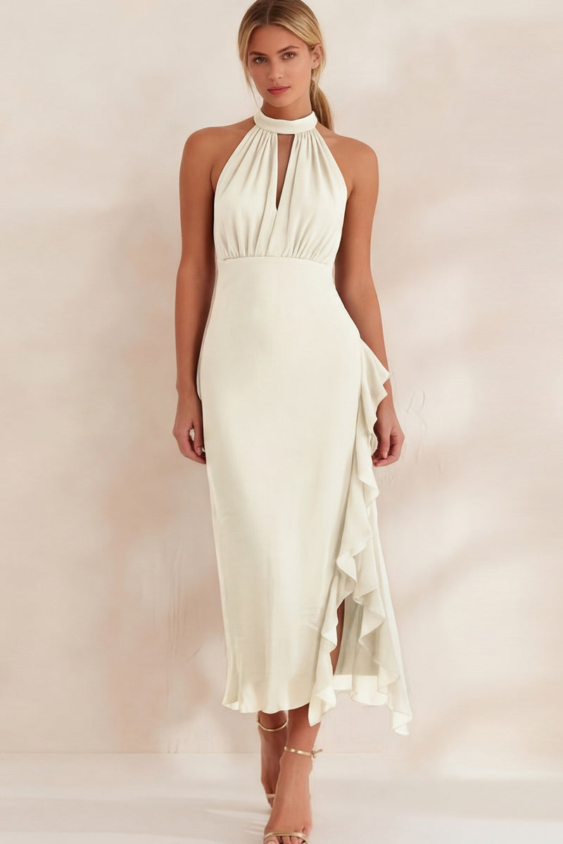 Load image into Gallery viewer, Navy Chiffon Ruffled Halter Ankle Length Work Dress with Slit