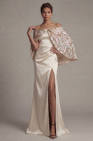Load image into Gallery viewer, Long Sparkly Champagne Mermaid Sequin Mother of the Bride Dress with Cape