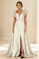 Load image into Gallery viewer, Black V-Neck A-Line Long Mother of the Bride Dress with Ruffles