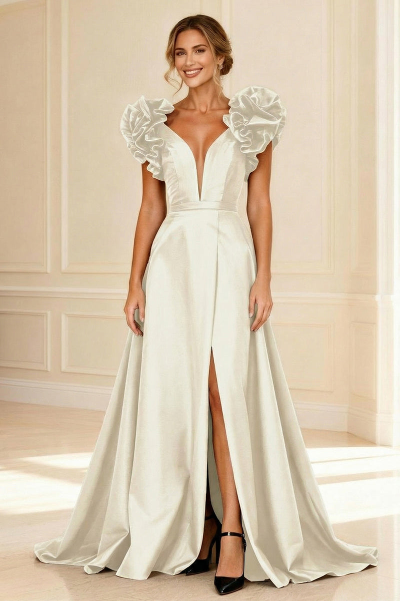 Load image into Gallery viewer, Black V-Neck A-Line Long Mother of the Bride Dress with Ruffles