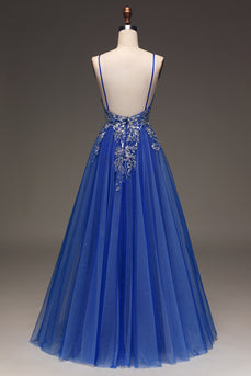 Tulle Spaghetti Straps Royal Blue Ball Gown with Sequins