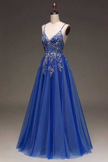 Tulle Spaghetti Straps Royal Blue Ball Gown with Sequins