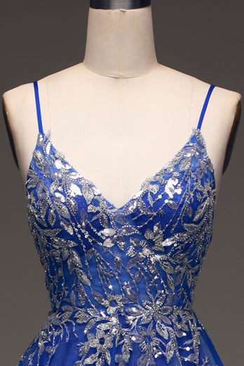 Tulle Spaghetti Straps Royal Blue Ball Gown with Sequins