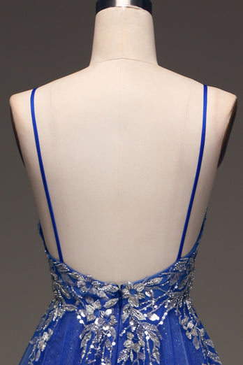Tulle Spaghetti Straps Royal Blue Ball Gown with Sequins