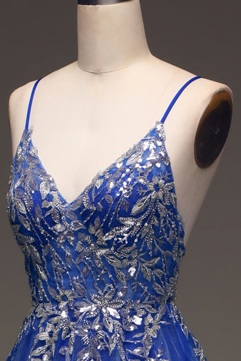 Tulle Spaghetti Straps Royal Blue Ball Gown with Sequins