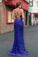 Load image into Gallery viewer, Sparkly Sequins Mermaid Royal Blue Prom Dress with Slit