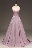 Load image into Gallery viewer, Glitter Beaded Spaghetti Straps Blush Ball Gown with Appliques