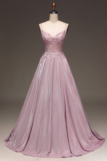 Glitter Beaded Spaghetti Straps Blush Ball Gown with Appliques