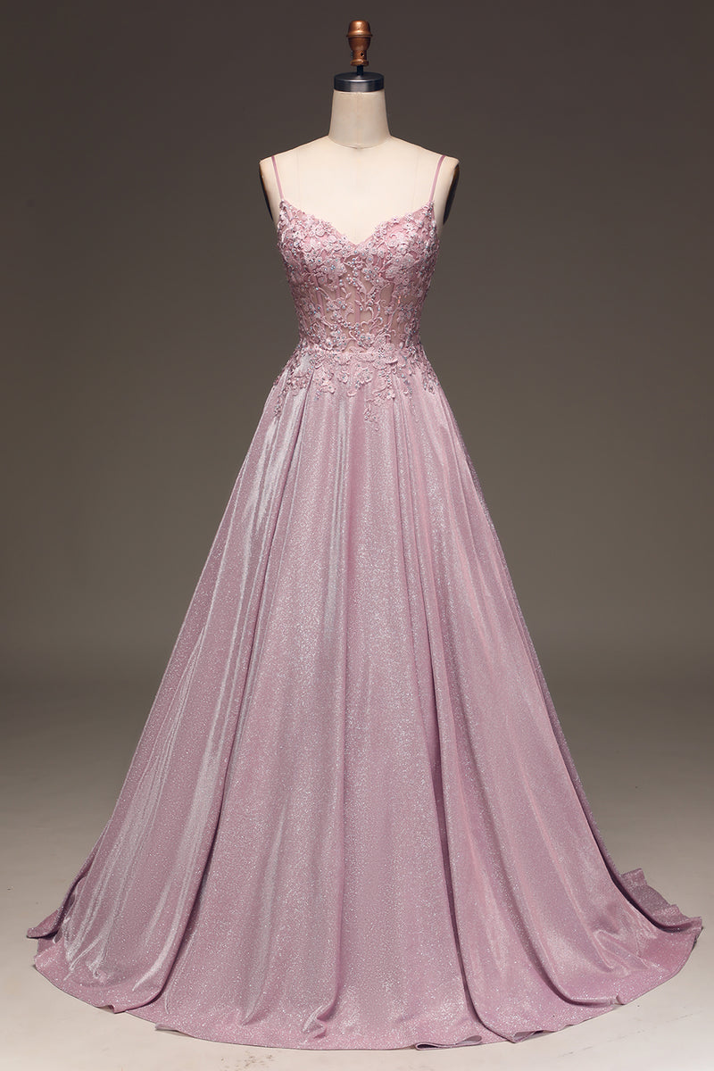 Load image into Gallery viewer, Glitter Beaded Spaghetti Straps Blush Ball Gown with Appliques