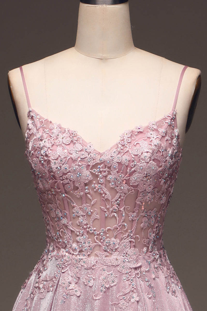 Load image into Gallery viewer, Glitter Beaded Spaghetti Straps Blush Ball Gown with Appliques